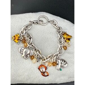 Vintage Zoo Animal Charm Bracelet Silver Tone Monkey Elephant Zebra 7"